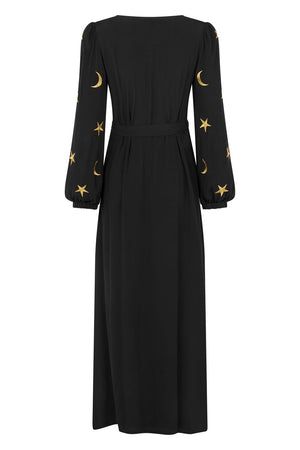 Coco Fennell Embroidery Star & Moon Viscose Crepe Wrap Dress, Black & Gold - Coco Fennell