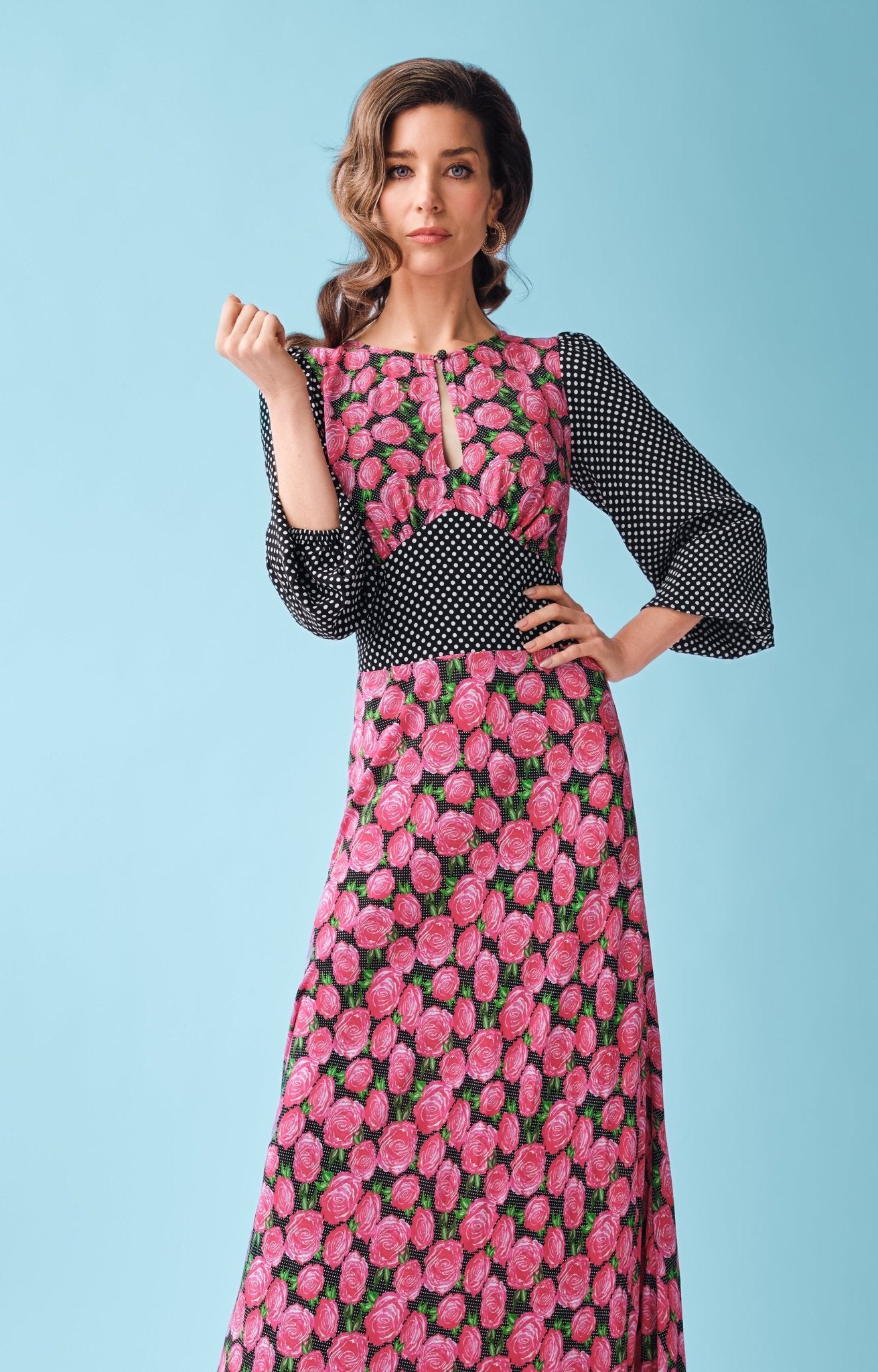 pink rose black maxi dress Vintage 70s Black Rose Print Maxi Dress With Chiffon Angel Sleeves - Size M/L