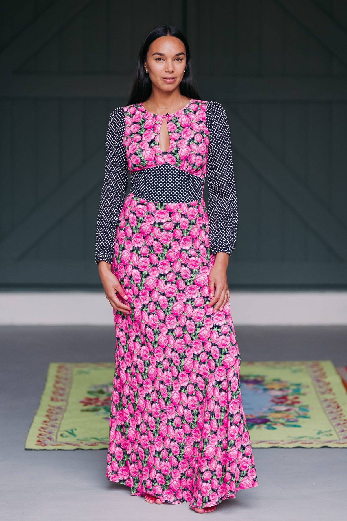 Black polkadot and rose keyhole maxi dress