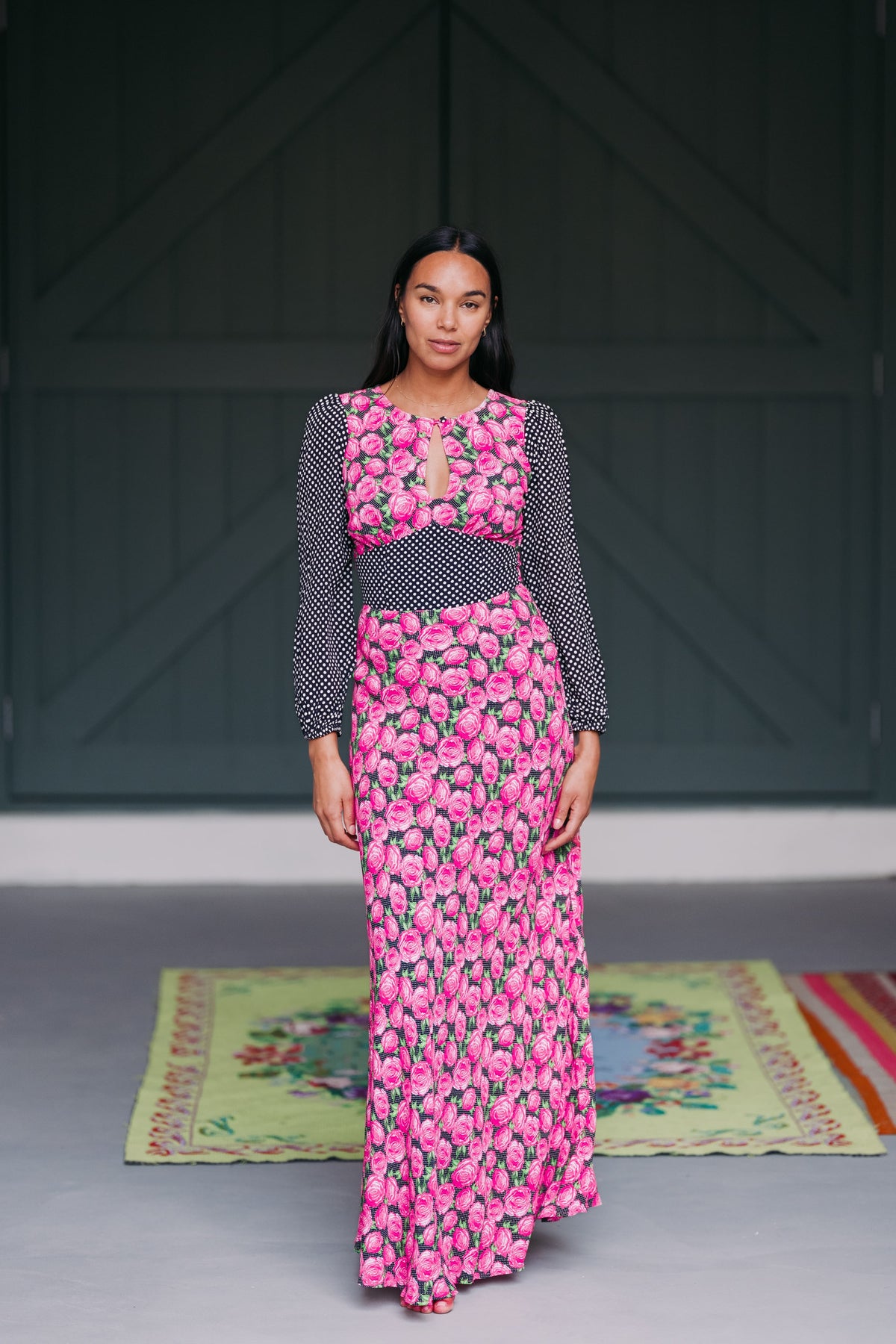 Black polkadot and rose keyhole maxi dress