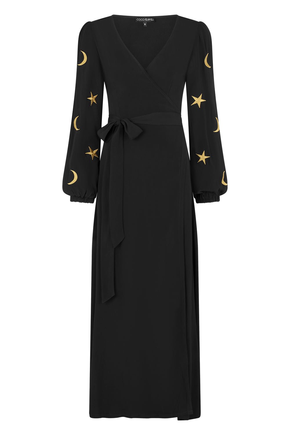 Black Viscose Moss Crepe Wrap Dress with Star & Moon Sleeve Embroidery