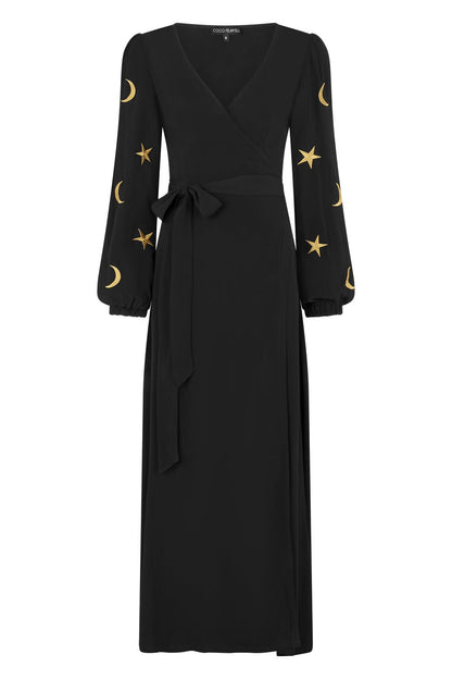 Coco Fennell Embroidery Star & Moon Viscose Crepe Wrap Dress, Black & Gold - Coco Fennell