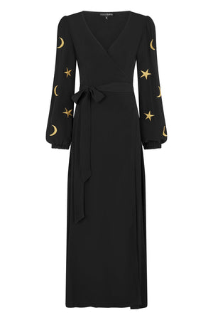 Coco Fennell Embroidery Star & Moon Viscose Crepe Wrap Dress, Black & Gold - Coco Fennell