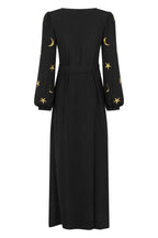 Coco Fennell Embroidery Star & Moon Viscose Crepe Wrap Dress, Black & Gold - Coco Fennell