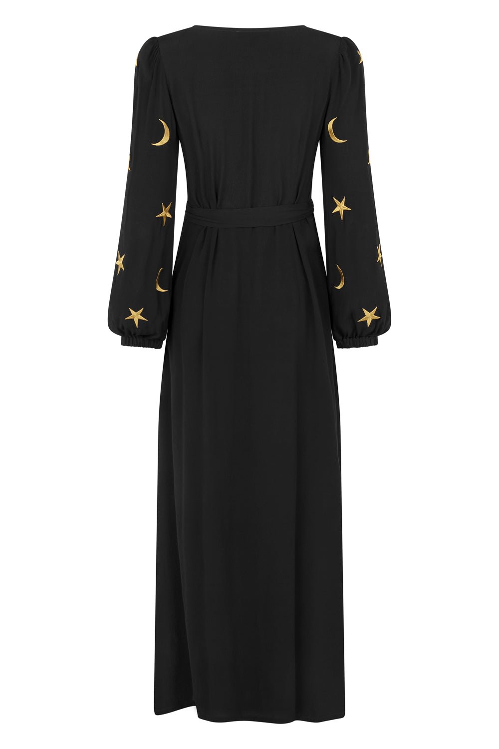 black gold star dress Viscose Moss Crepe Wrap with & Moon Sleeve Embroidery almostgone Affordable Black Tie Dress New Years Eve Width:E
