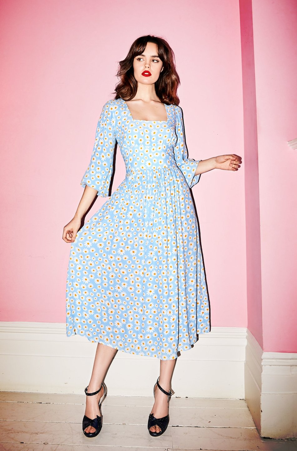 Coco Fennell Daisy Print Viscose Crepe Dolly Dress, Blue