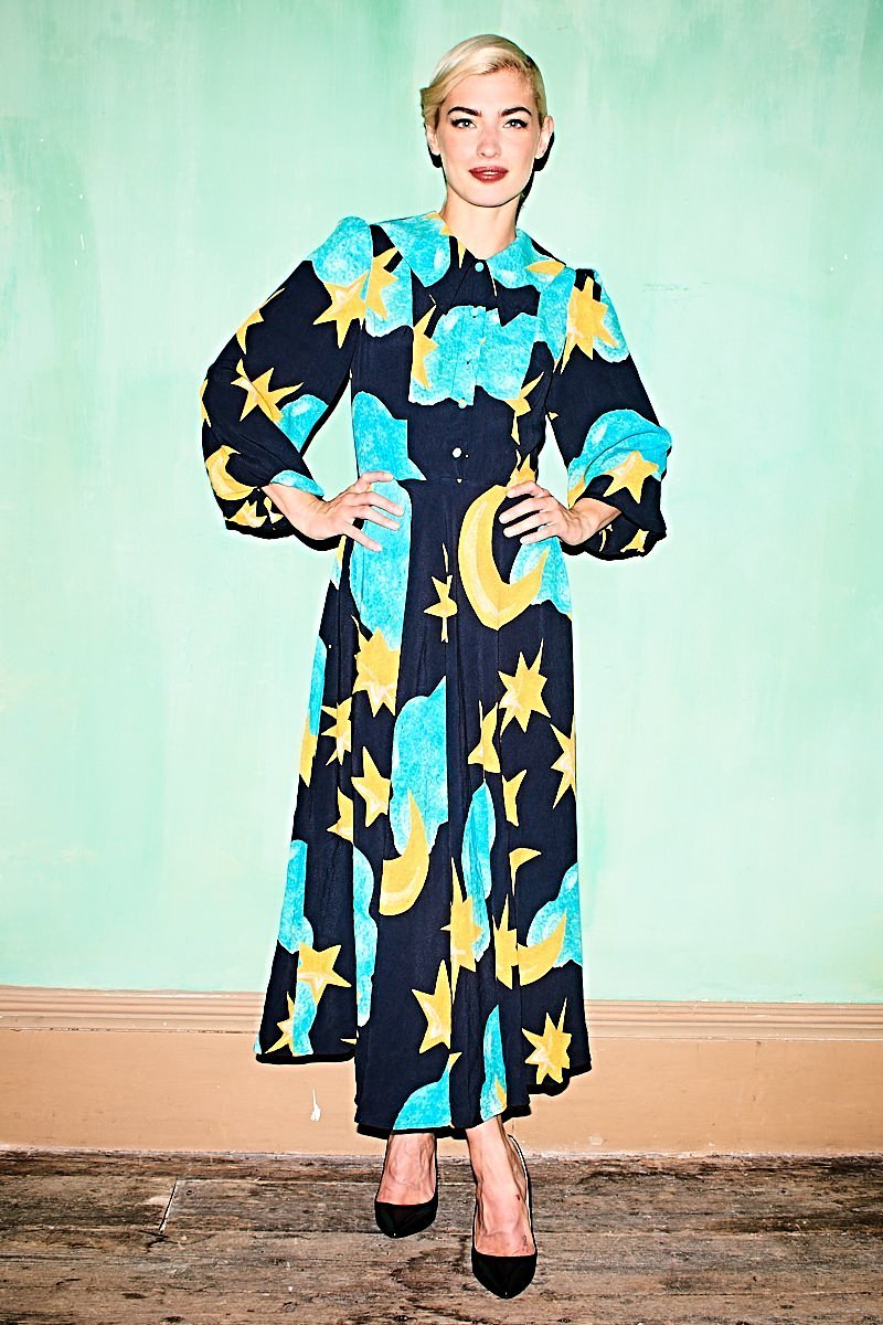 Coco Fennell Blue Moon, Star & Cloud Print Viscose Crepe Dress, Blue Coco Fennell Blue Moon, Star & Cloud Print Viscose Crepe Dress, Blue