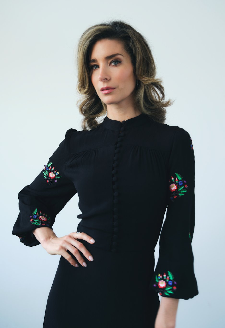 Coco Fennell Flower Bunch Moss Viscose Crepe Embroidery Dress, Black