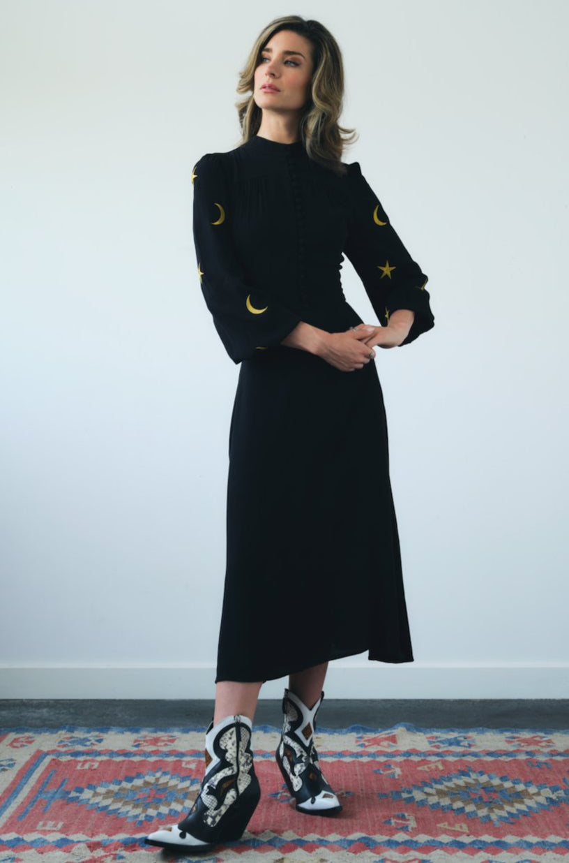 Coco Fennell Star Moon Viscose Crepe Embroidery Dress, Black Gold