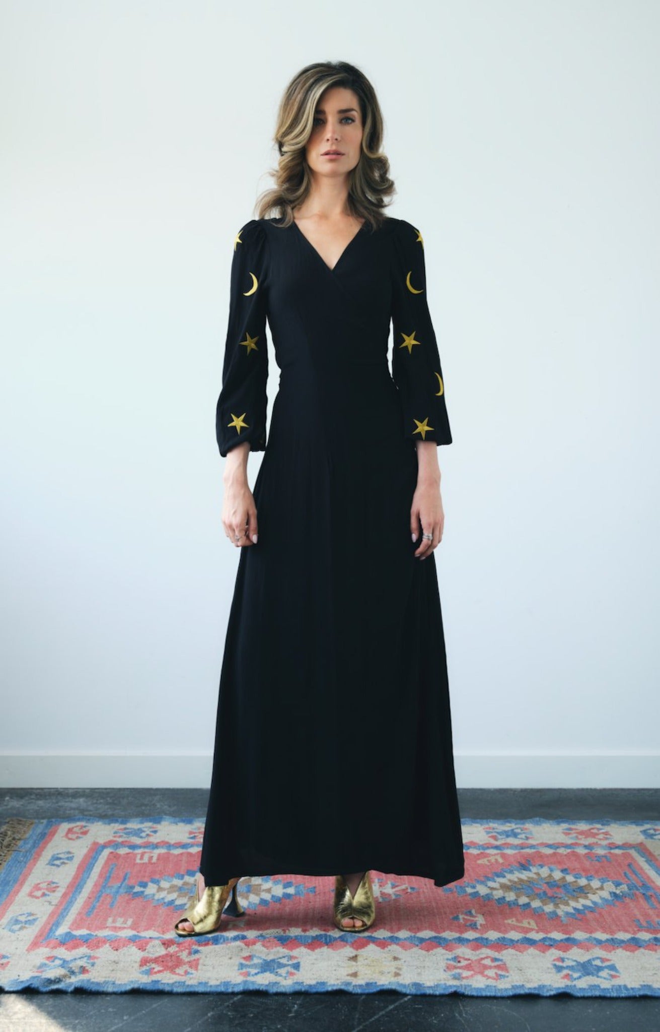 Coco Fennell Embroidery Star Moon Viscose Crepe Wrap Dress, Black